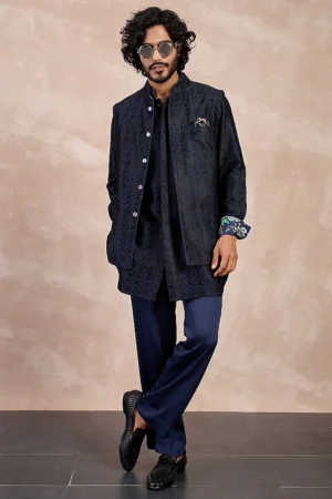 Navy Blue Printed Nehru Jacket