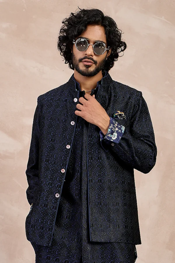 Navy Blue Printed Nehru Jacket - Image 2