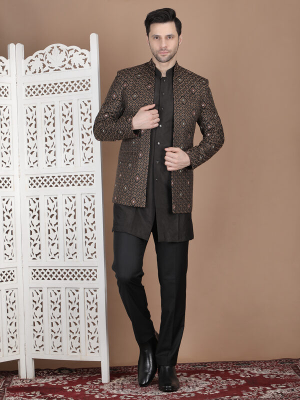 Black reception bandhgala with zari thread embroidery geometric pattern with floral accents