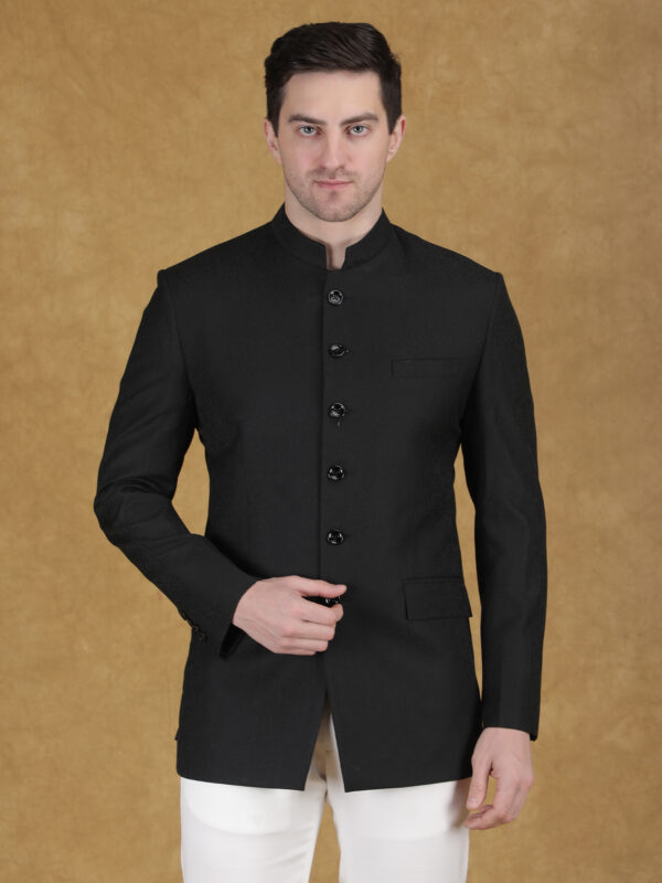 Black reception bandhgala in premium wool blend fabric with clean structured tailored design