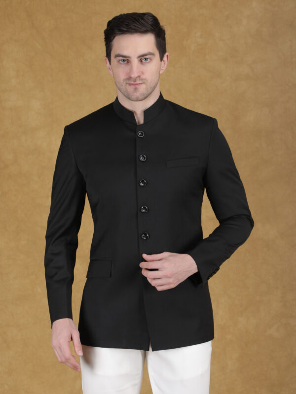Black reception bandhgala in premium wool blend fabric with clean structured tailored design