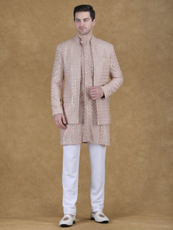 Beige reception bandhgala with vertical thread and sequin embroidery featuring structured panel design