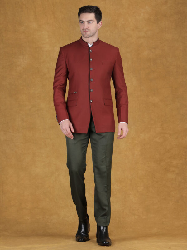 Maroon Plain Bandhgala Blazer with Contrast Piping