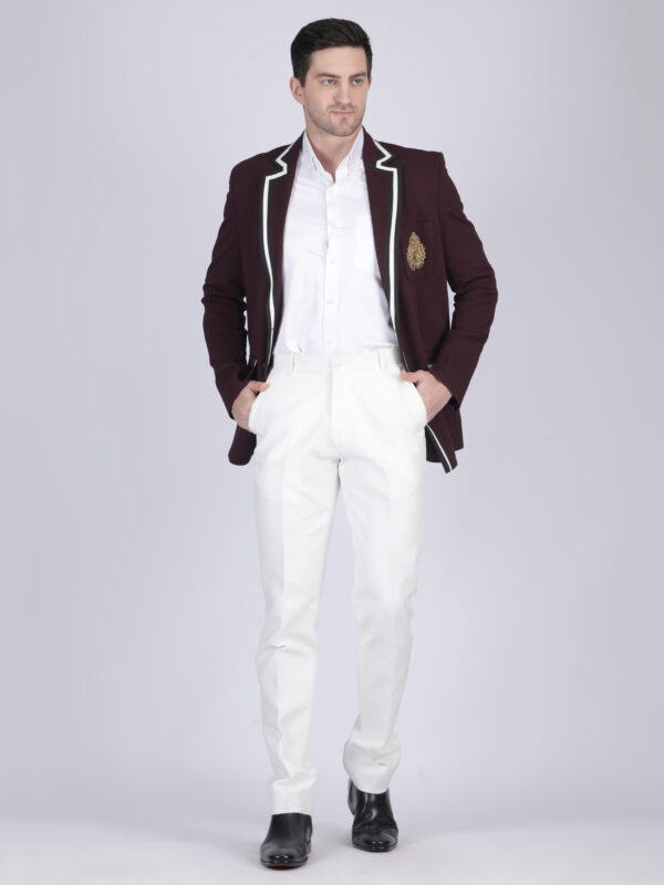 Men’s Wine Self-Textured Blazer with Contrast Piping & Crest Embroidery