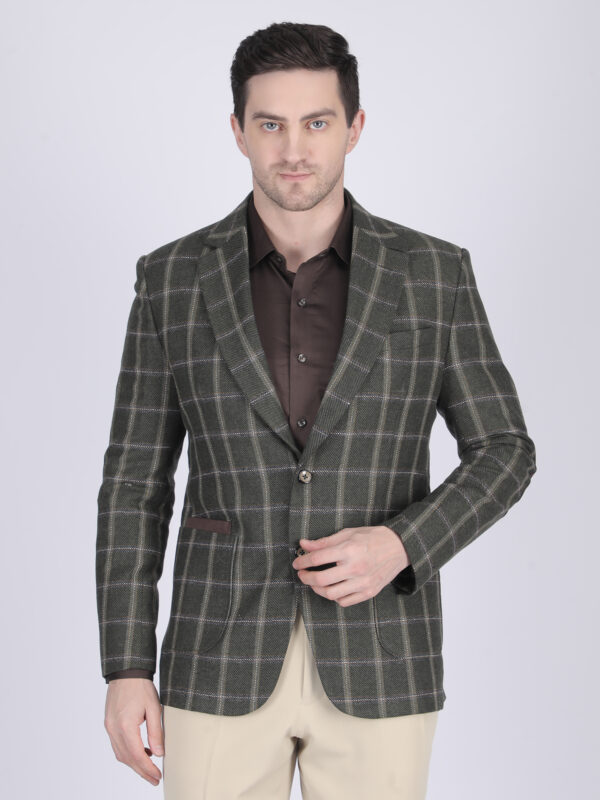 Men’s Olive Green Wool Blend Check Blazer with Suede Elbow Patches