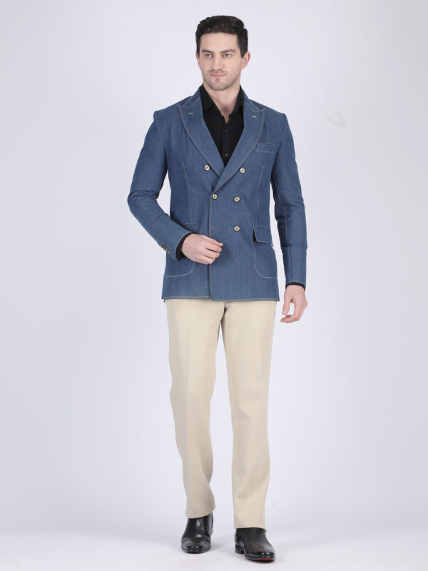 Men’s Premium Denim Fabric Double Breasted Tailored Fit Blazer