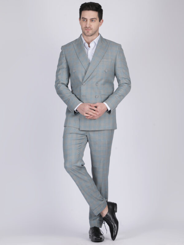 Light blue check double breasted suit formal tailored men’s wear