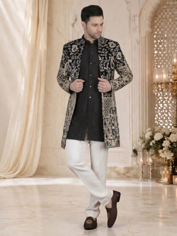 Black gold embroidered indo western sherwani with white churidar for men wedding festive wear