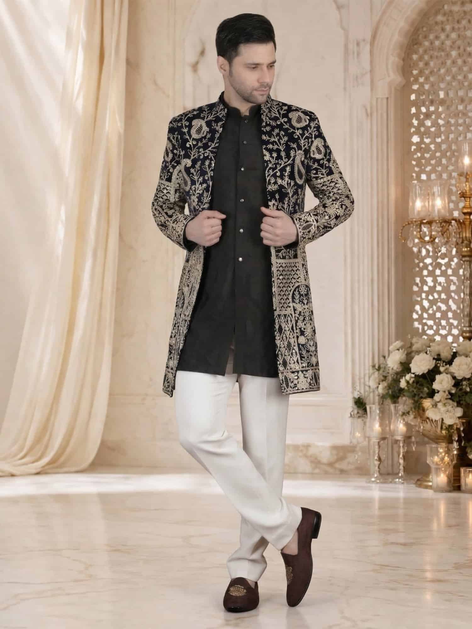 Black gold embroidered indo western sherwani with white churidar for men wedding festive wear