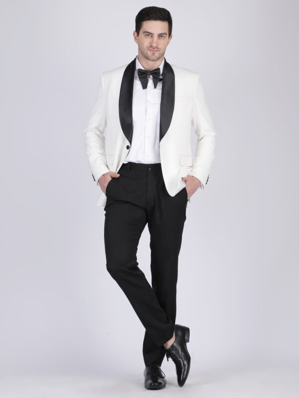White tuxedo suit with black satin lapel reception formal wear