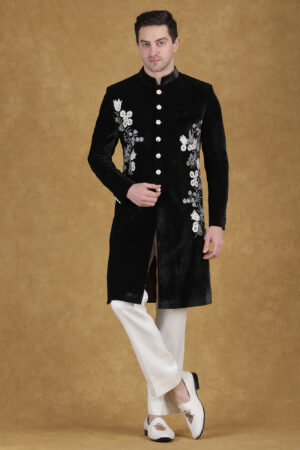Black Velvet Embroidered Achkan with Statement Floral Motifs
