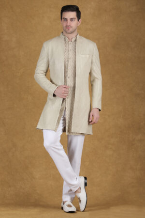 Men’s Beige-Gold Textured Silk Blend Indo-Western Sherwani