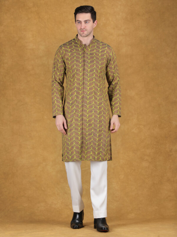 Olive Linen Blend Self-Design Classic Kurta Set