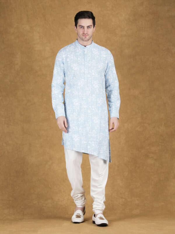 Sky Blue Floral Printed Cotton Kurta Set for Men with Pant/Pajama | Casual & Summer Wear
