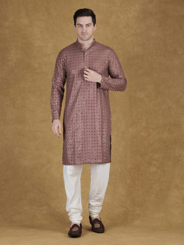 Rust Brown Lucknowi Embroidered Kurta Set for Men with Pant/Pajama | Festive & Wedding Wear