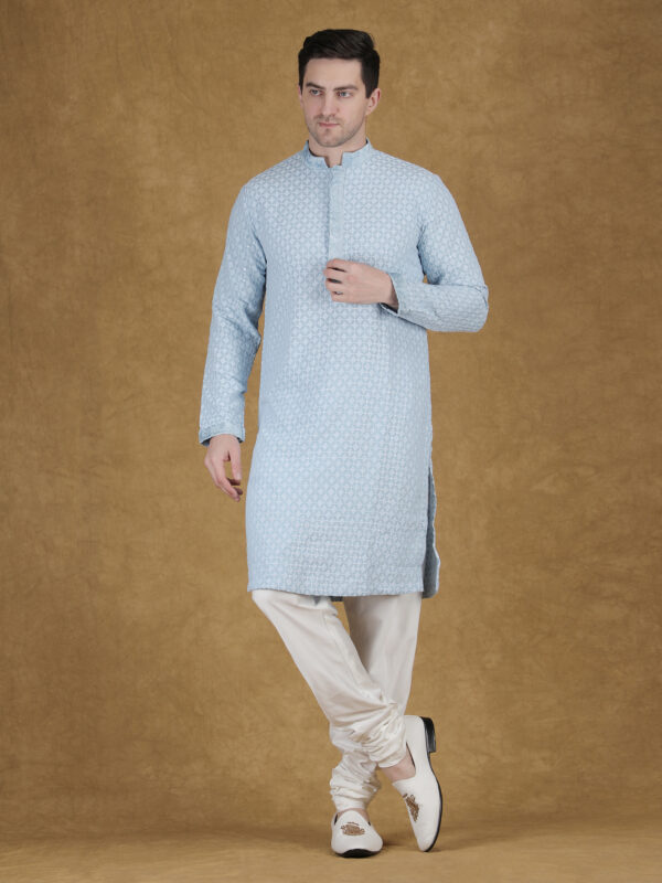 Sky Blue Lucknowi Embroidered Kurta Set for Men with Pant/Pajama | Elegant Festive Wear