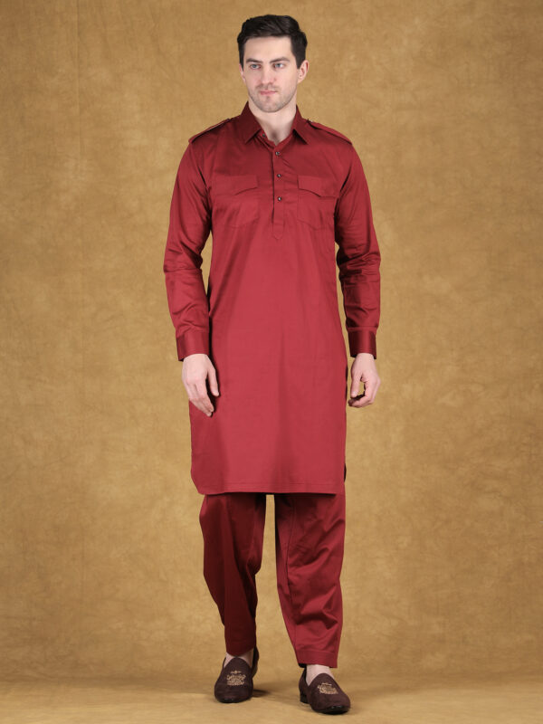 Rich cotton satin finish with a bold Pathani silhouette, designed for sharp and confident styling.
