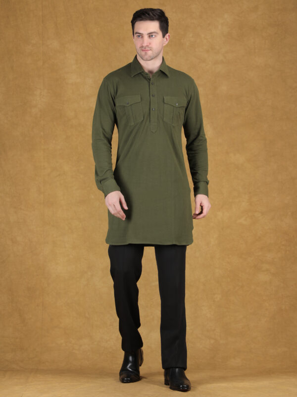 Olive Green Premium Knitted Fabric Pathani Kurta for Men | Modern Casual & Ethnic Wear