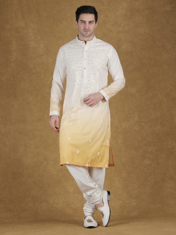 Ivory to Soft Yellow Dual-Tone Cotton Blend Kurta Set for Men | Festive & Day Wear