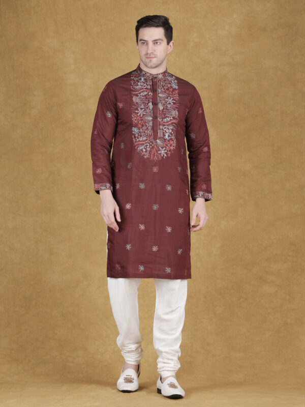 Maroon Cotton Embroidered Kurta Set for Men with Pant/Pajama | Festive & Wedding Wear