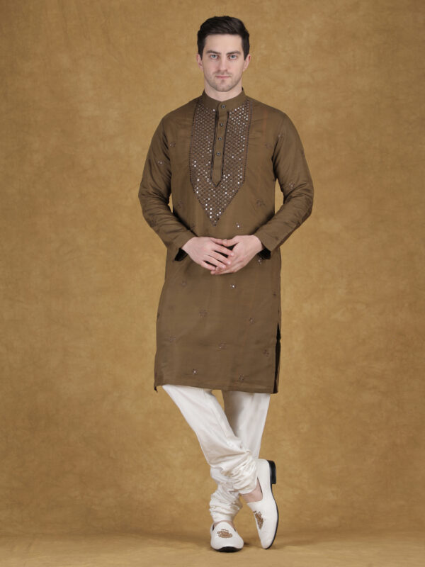 Olive Brown Cotton Blend Embroidered Kurta Set for Men with Pant/Pajama | Festive & Traditional Wear