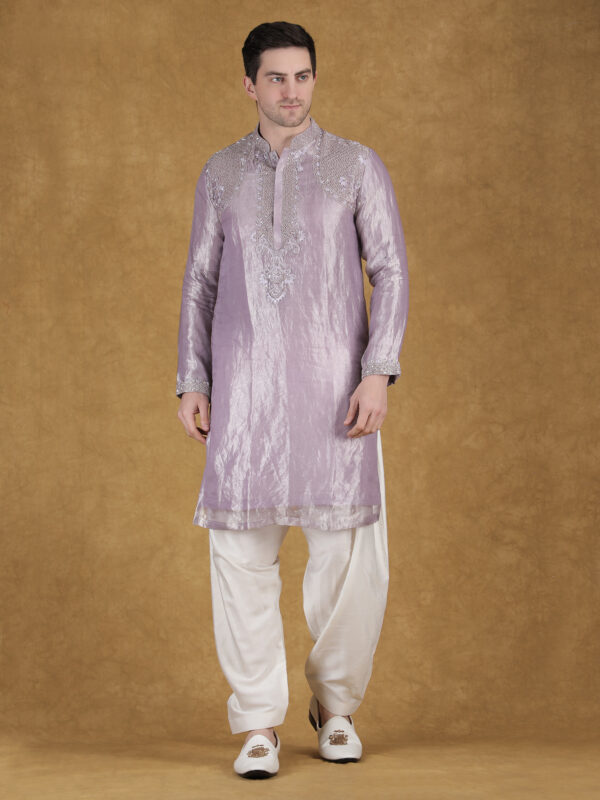 Lavender Silk Tissue Hand Embroidered Kurta Set for Men with Pant/Pajama | Luxury Wedding & Designer Wear