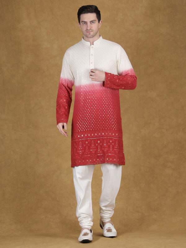 Ivory to Red Dual-Tone Lucknowi Embroidered Kurta Set for Men with Pant/Pajama | Festive & Haldi Wear