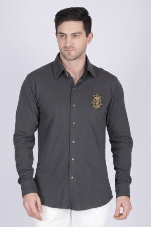Charcoal Embroidered Full-Sleeve Ethnic Shirt