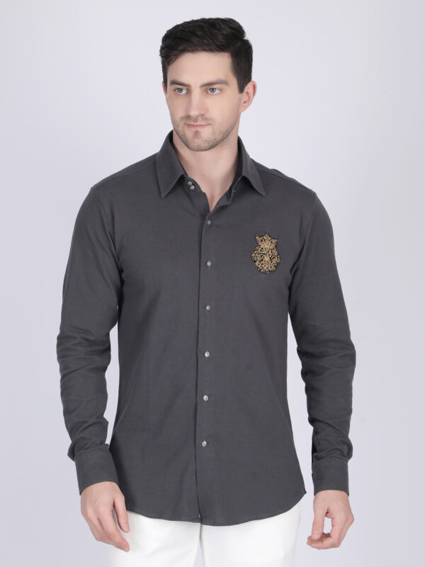 Charcoal Embroidered Full-Sleeve Ethnic Shirt