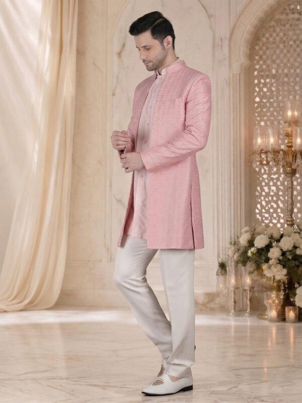 Light pink indo western sherwani with white churidar for men wedding festive wear