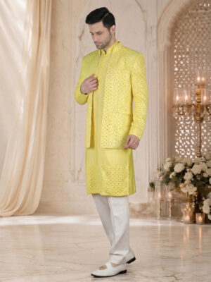 Yellow Mirror Embroidery Bandhgala for Haldi
