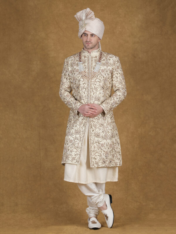Cream Embroidery Sherwani for Groom