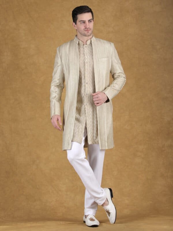 Beige textured sherwani with kurta set for men wedding ethnic wear