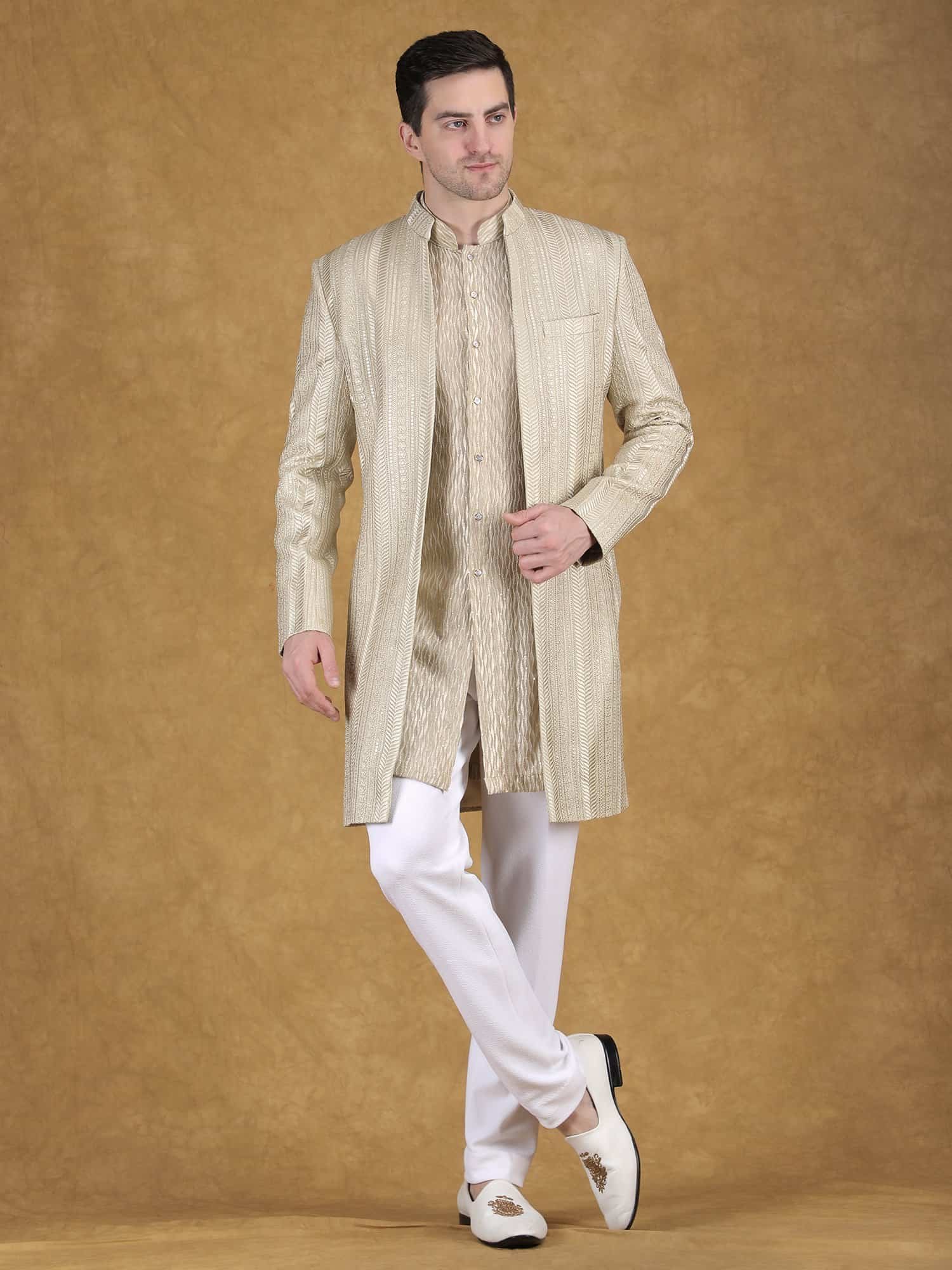 Beige textured sherwani with kurta set for men wedding ethnic wear