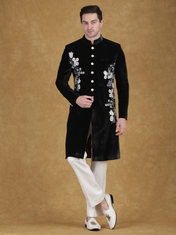 Black embroidered sherwani for men wedding ethnic wear