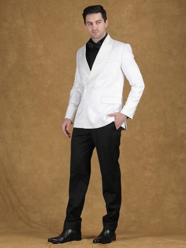 White embroidered tuxedo blazer with shawl lapel for men wedding and formal wear