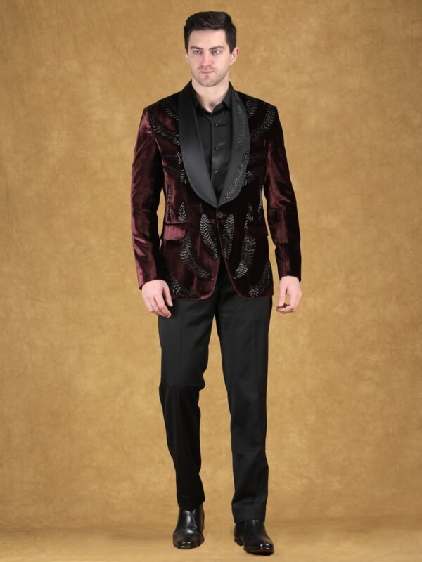 Maroon velvet embroidered blazer with black satin lapel for men party wear suit