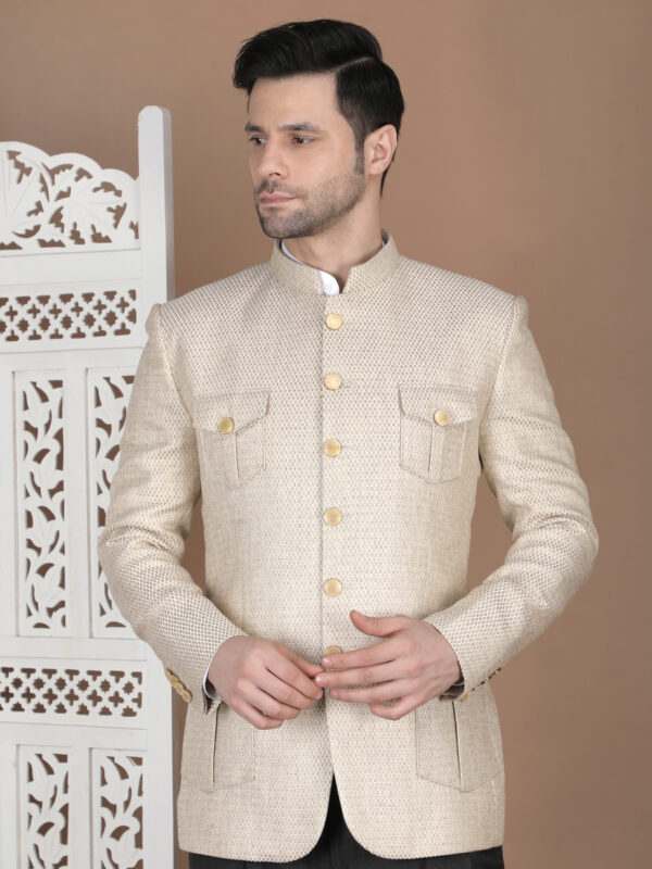 Cream Textured Bandhgala Blazer with Gold Buttons
