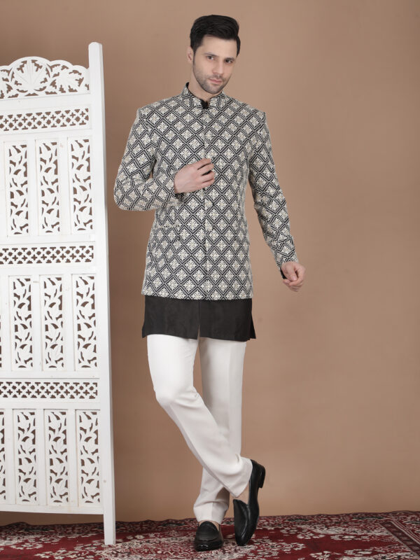 Grey reception bandhgala with geometric thread embroidery diamond pattern