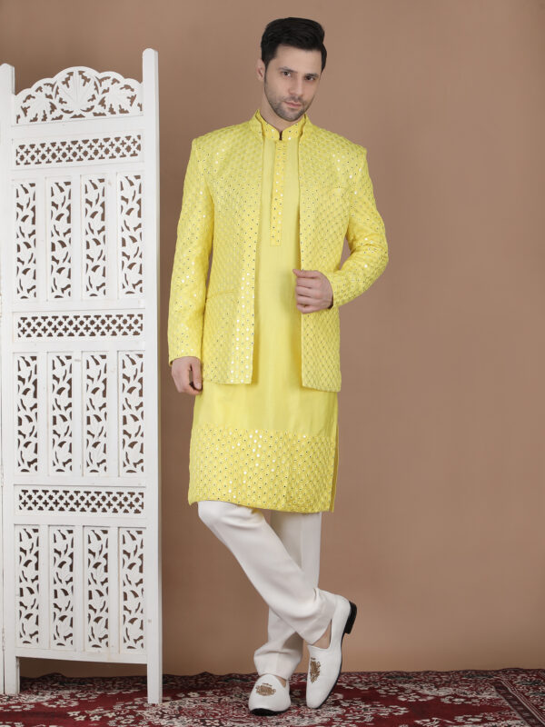 Yellow haldi bandhgala with mirror embroidery festive wedding outfit
