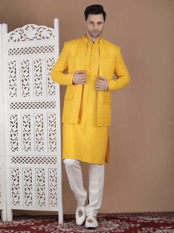 Yellow haldi ceremony bandhgala set with thread embroidery including kurta and matching pants