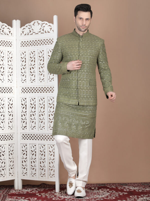Sage reception bandhgala set with thread embroidery including kurta and matching pants