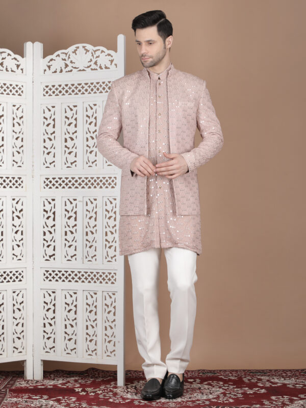 Blush pink reception bandhgala with mirror work and thread embroidery geometric pattern