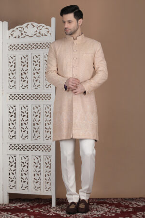 Ivory Regal Embroidered Achkan in Lucknowi-Inspired Fabric