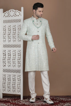 Ivory Silk Sherwani with All-Over Resham Embroidery & Sequin Detailing