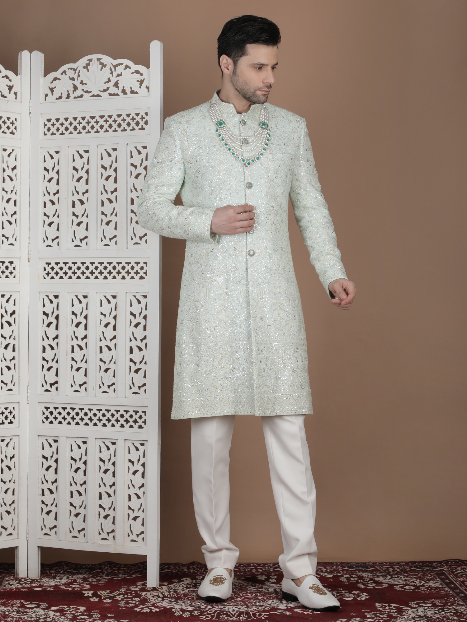 Ivory Silk Sherwani with All-Over Resham Embroidery & Sequin Detailing
