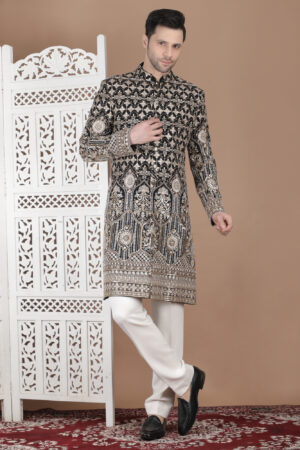 Royal Noir Heavily Embroidered Achkan in Silk-Finish Fabric