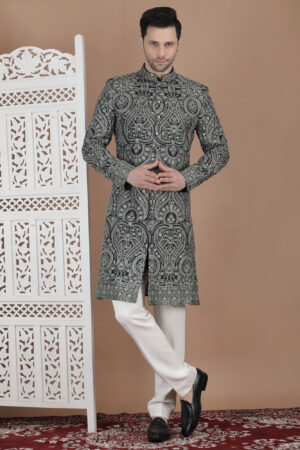 Imperial Charcoal Embroidered Achkan in Silk-Finish Fabric