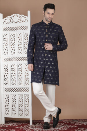 Midnight Blue Textured Achkan in Fine Weave Fabric