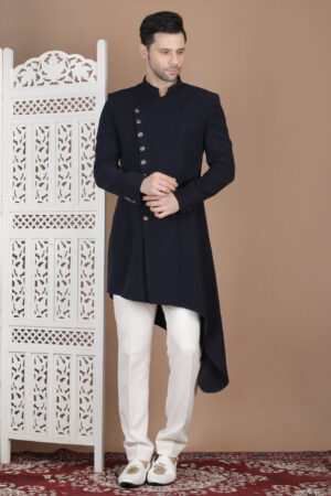 Jet Black Asymmetric Indo-Western Achkan in Premium Fine Weave Fabric
